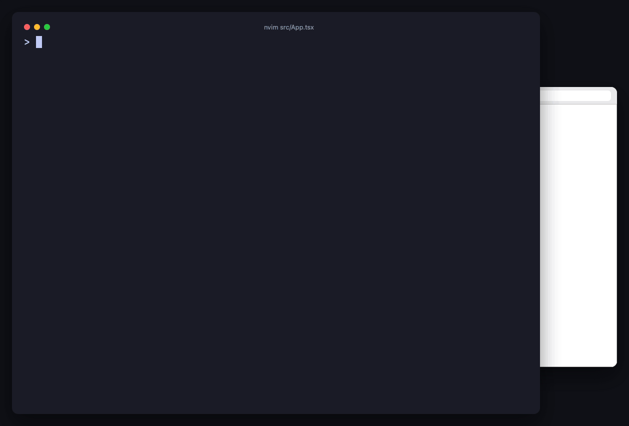 Neovim editing App.tsx with a browser window overlaid showing the page update